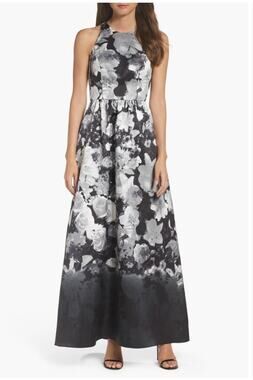 Alfred Sung Floral Sateen Maxi Gown Dress Black White Sleeveless Size 12